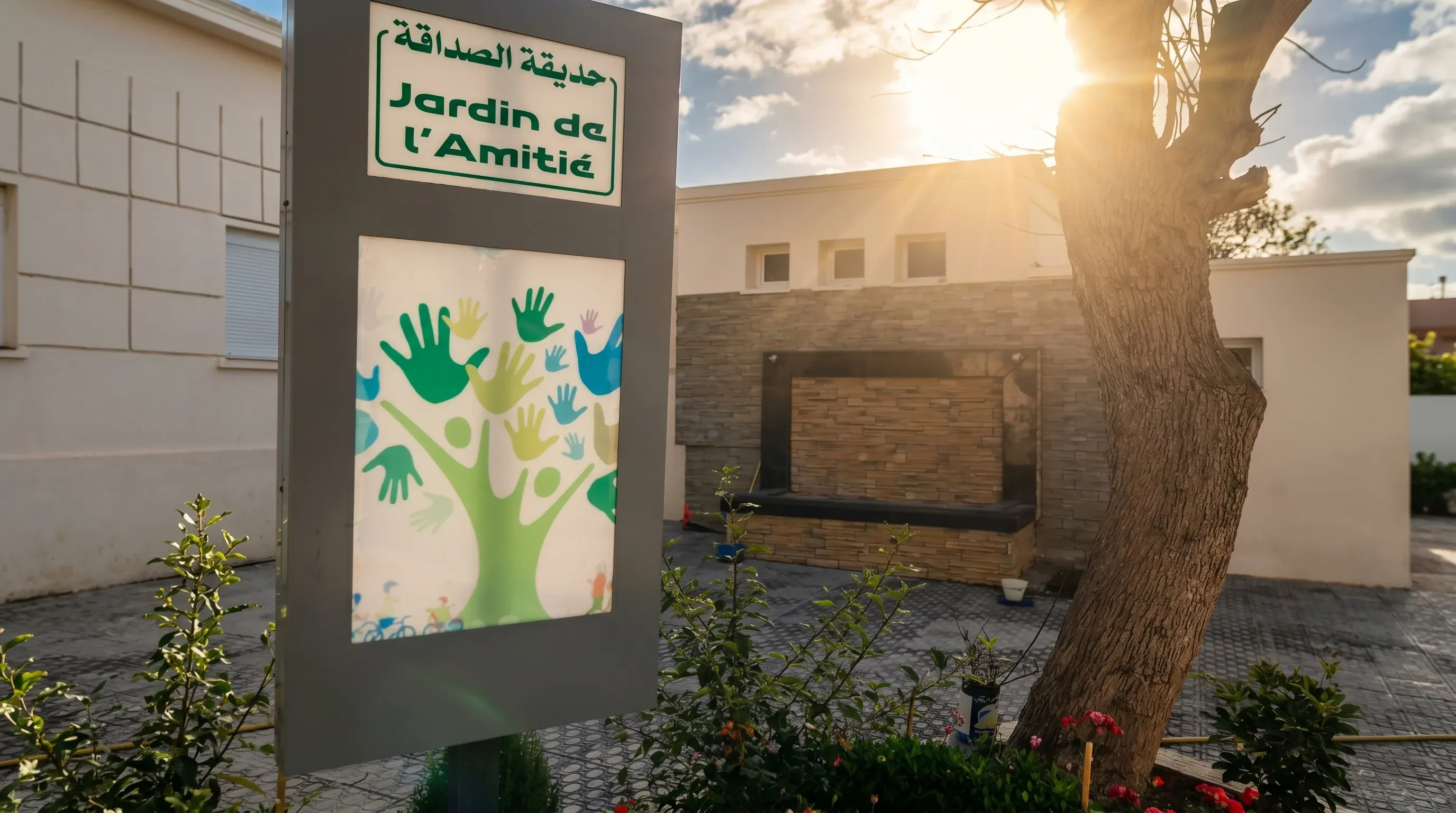 Panneau « Jardin de l'Amitié » dans la cour du service, au coucher du soleil